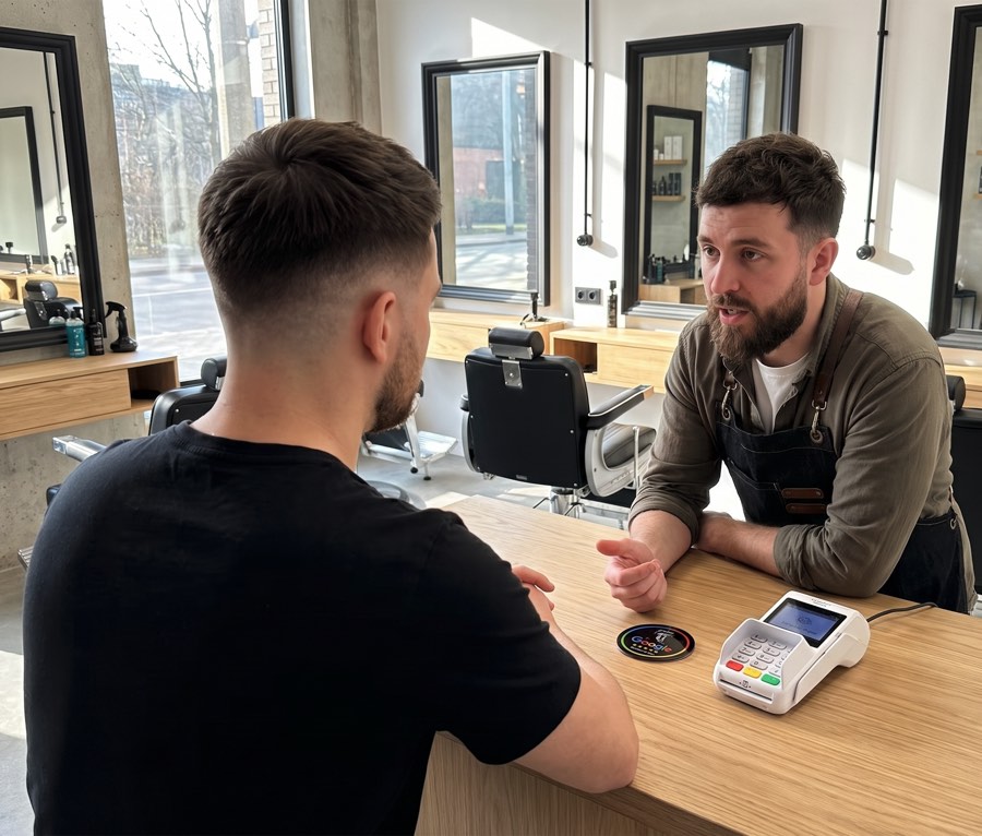 Barbero mostrando la placa NFC en el mostrador a un cliente