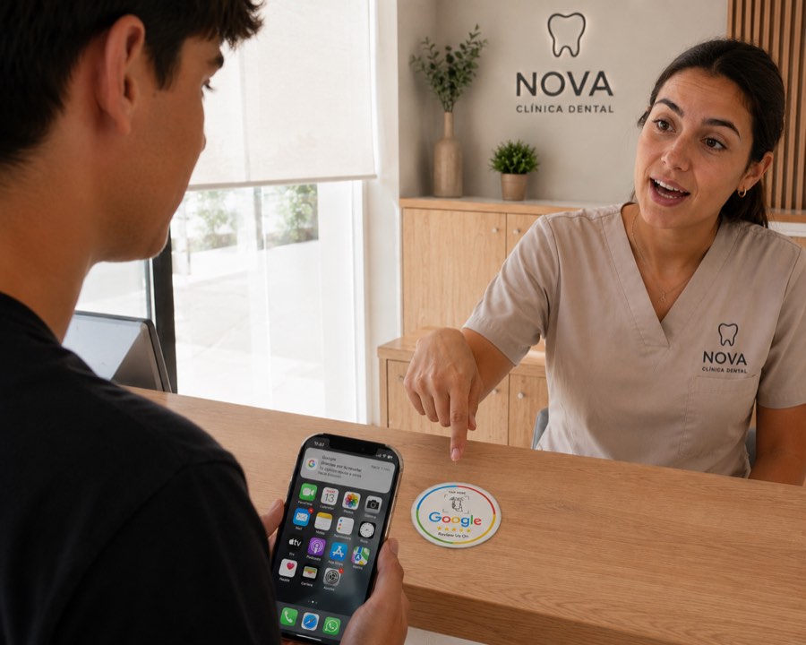 Recepcionista de clínica mostrando la placa NFC a una paciente en el mostrador