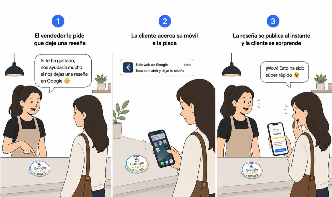 Cliente acerca el móvil a la placa NFC y publica su reseña al instante