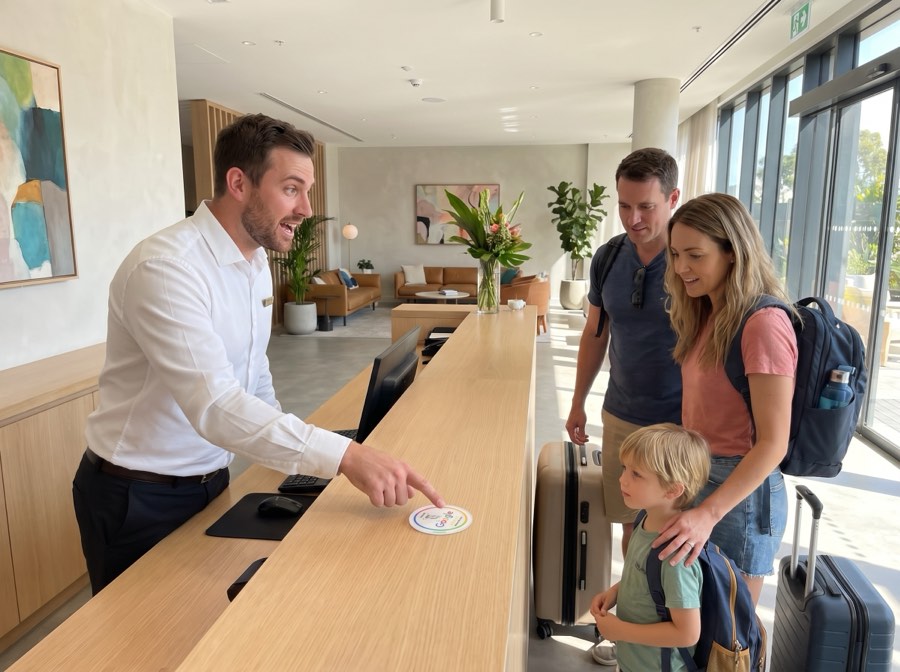 Recepcionista de hotel mostrando la placa NFC a una familia en el check-in
